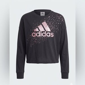 Adidas Girls Large 14 Black Long Sleeve Metallic Pink Sparkle Logo